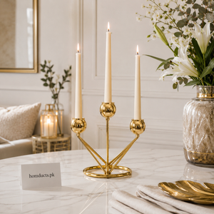 Luxury Gold 3-Arm Metal Candle Holder – Modern Tabletop Taper Candle Stand for Home Décor