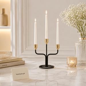 Modern Black & Gold 3-Arm Metal Candle Holder – Elegant Taper Candle Stand for Table Centerpieces