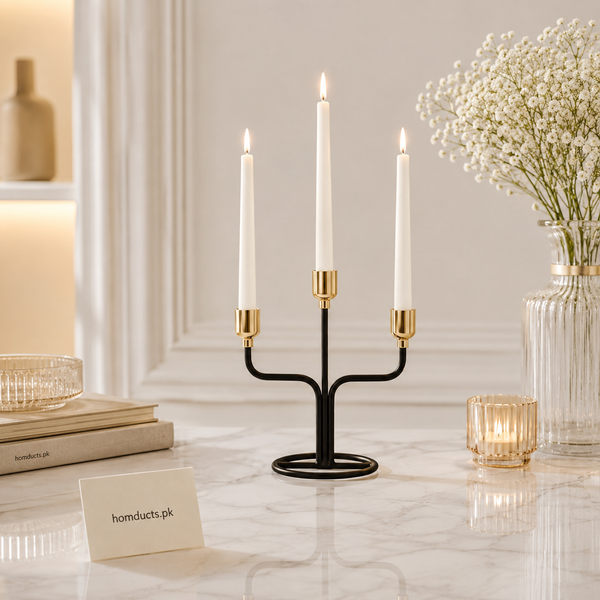 Modern Black & Gold 3-Arm Metal Candle Holder – Elegant Taper Candle Stand for Table Centerpieces
