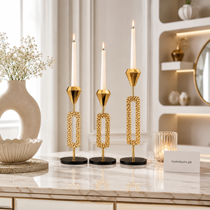 Luxury Gold 3-Piece Geometric Metal Candle Holder Set – Modern Decorative Taper Candle Stands (Candles Not Included)