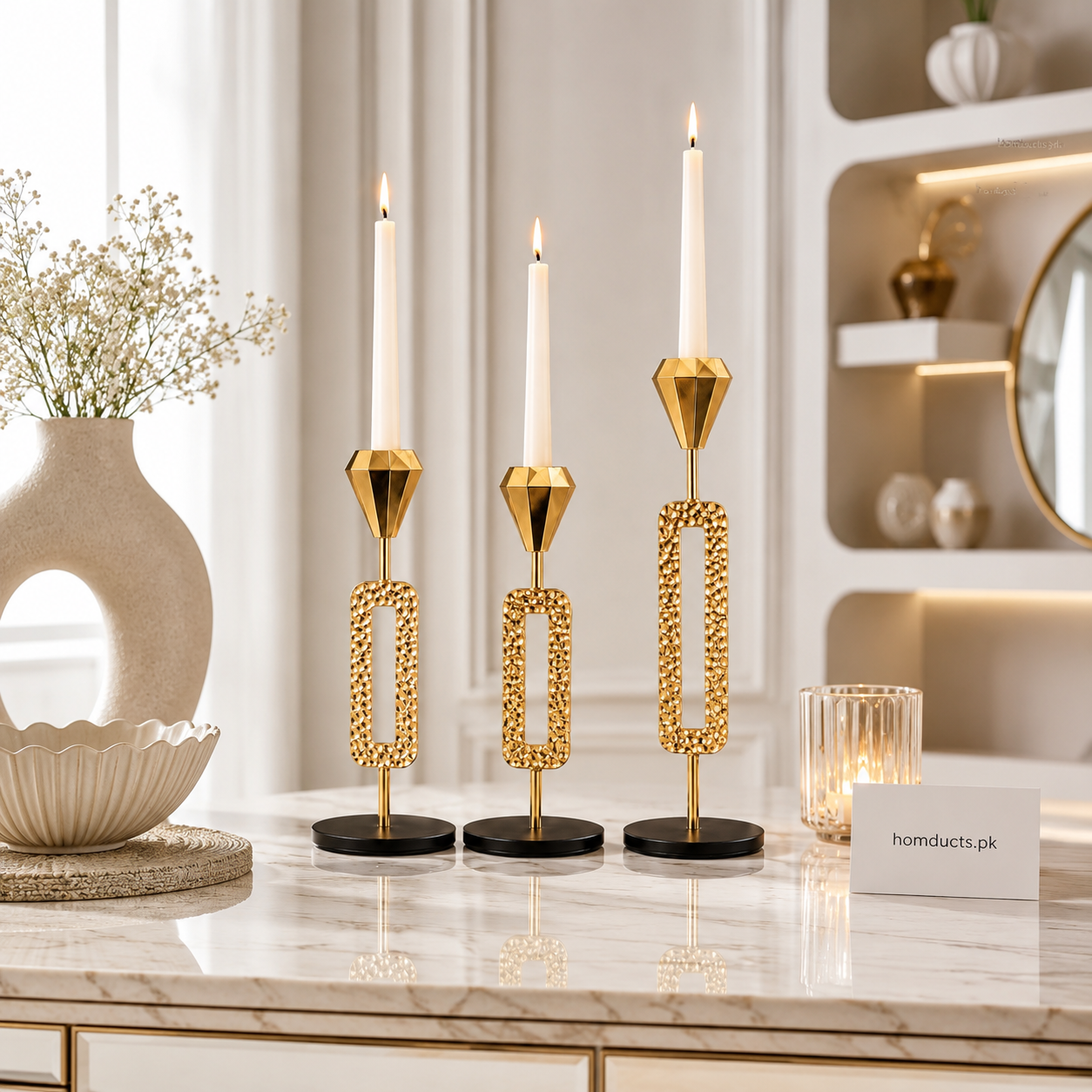 Luxury Gold 3-Piece Geometric Metal Candle Holder Set – Modern Decorative Taper Candle Stands (Candles Not Included)