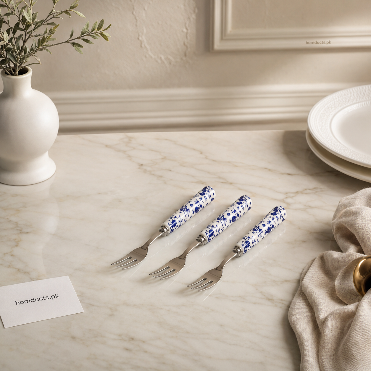 Danny Home Classical Blue Floral Ceramic Handle Dessert Forks – 3 Pcs Set