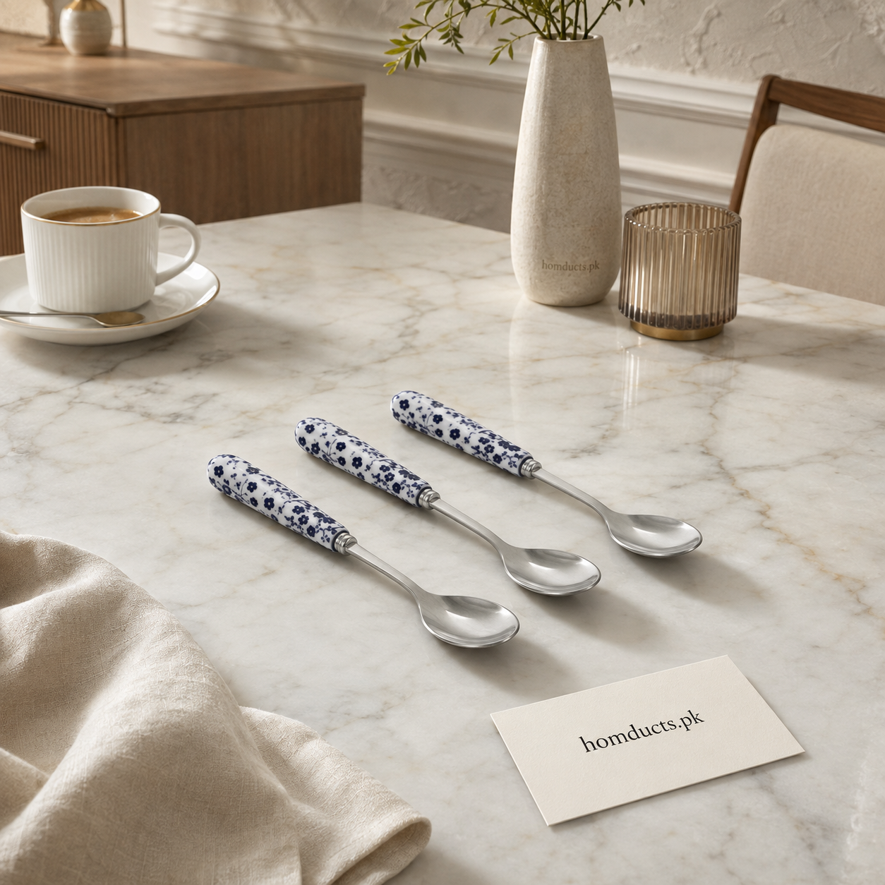 Blue Floral Ceramic Handle Stainless Steel Teaspoons – 3-Piece Set