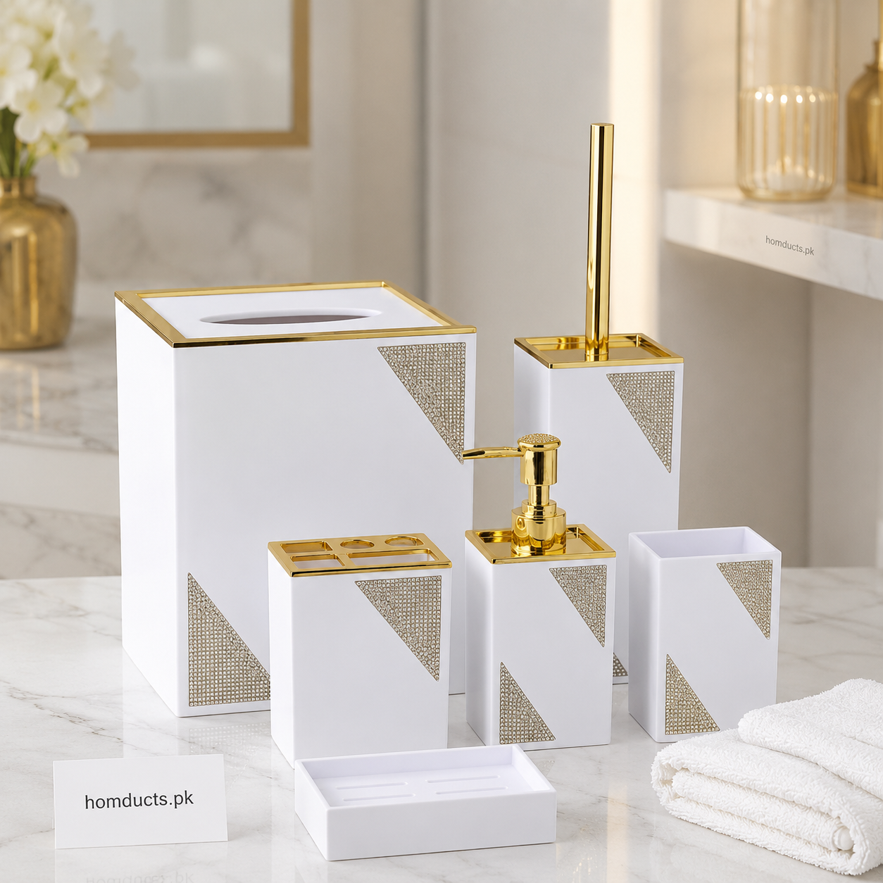 Luxury White & Gold 6-Piece Bathroom Accessories Set – Crystal Accent Soap Dispenser, Toothbrush Holder, Toilet Brush, Soap Dish & Tissue Box
