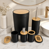 Modern Black & Bamboo 6-Piece Bathroom Accessories Set – Minimalist Soap Dispenser, Toothbrush Holder, Toilet Brush, Soap Dish & Dustbin