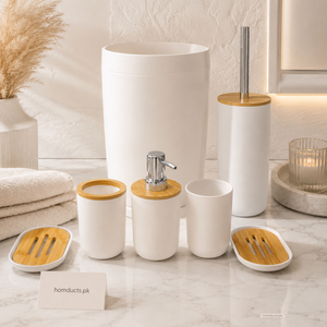 Modern White & Bamboo 6-Piece Bathroom Accessories Set – Minimalist Soap Dispenser, Toothbrush Holder, Toilet Brush, Soap Dish & Dustbin