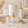 Modern White & Bamboo 6-Piece Bathroom Accessories Set – Minimalist Soap Dispenser, Toothbrush Holder, Toilet Brush, Soap Dish & Dustbin