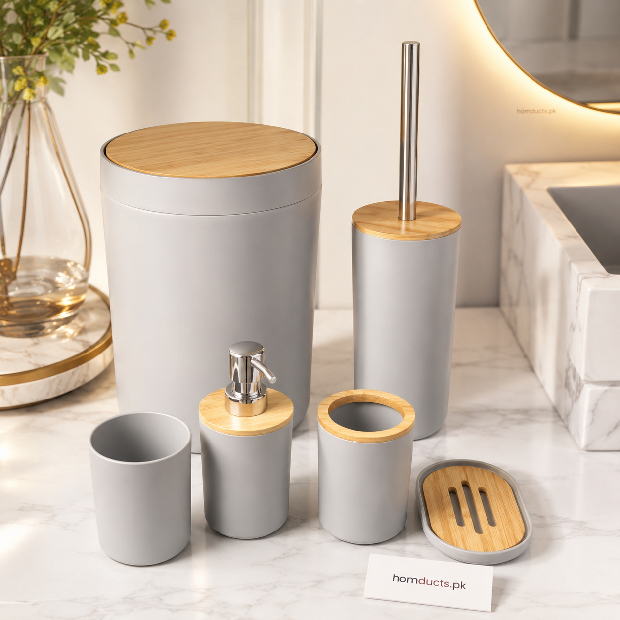 Modern Grey & Bamboo 6-Piece Bathroom Accessories Set – Minimalist Soap Dispenser, Toothbrush Holder, Toilet Brush, Soap Dish & Dustbin