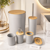 Modern Grey & Bamboo 6-Piece Bathroom Accessories Set – Minimalist Soap Dispenser, Toothbrush Holder, Toilet Brush, Soap Dish & Dustbin