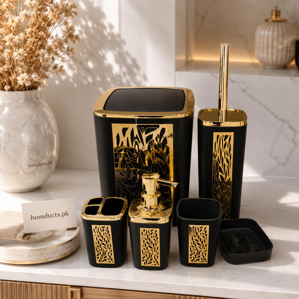 Luxury Black & Gold 6-Piece Bathroom Accessories Set – Modern Soap Dispenser, Toothbrush Holder, Toilet Brush, Soap Dish & Dustbin