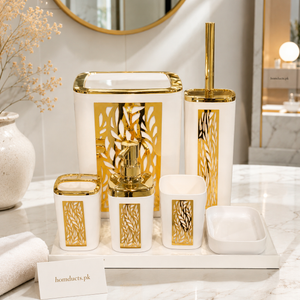 Luxury White & Gold 6-Piece Bathroom Accessories Set – Soap Dispenser, Toothbrush Holder, Tumbler, Soap Dish, Toilet Brush & Dustbin