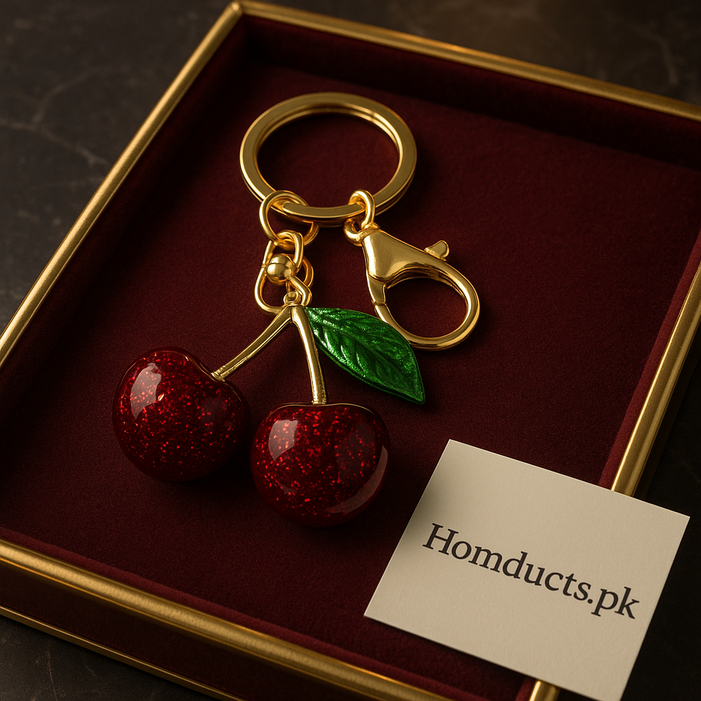 Luxury Sparkling Cherry Keychain – Red Enamel with Gold Detailing