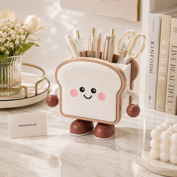 Cute Toast Desk Organizer Pen Holder | Kawaii Desktop Stationery Storage for Pens, Pencils & Office Supplies