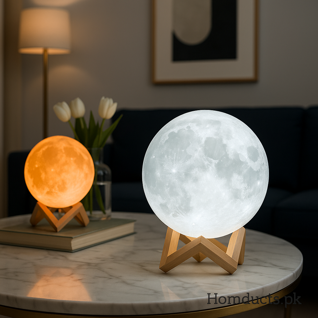Luxury 3D Moon Lamp with Wooden Stand – Warm & Cool LED Night Light