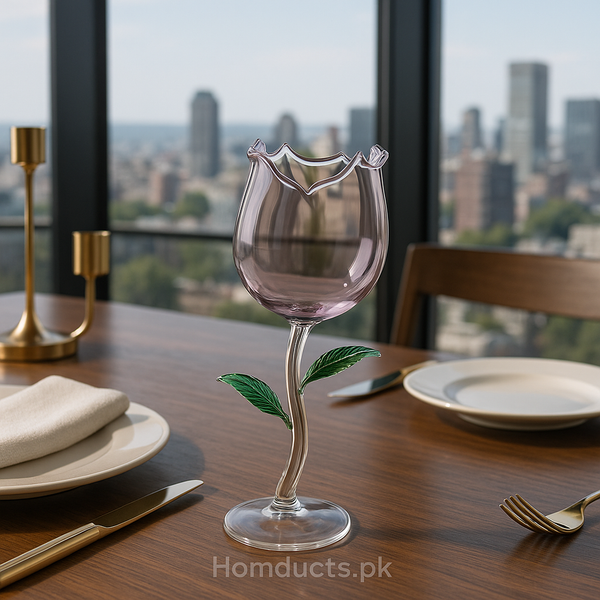 Luxury Rose Wine Glass – Elegant Tulip-Shaped Crystal Goblet with Leaf Stem