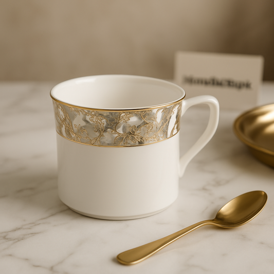 Luxury White Porcelain Mug with Gold & Silver Floral Rim (6pcs Set)