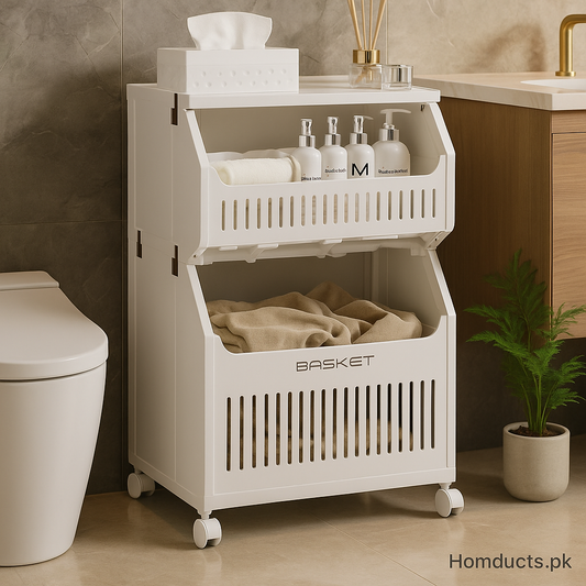 Premium 2-Tier Multipurpose Storage Basket with Wheels – Bathroom & Laundry Organizer