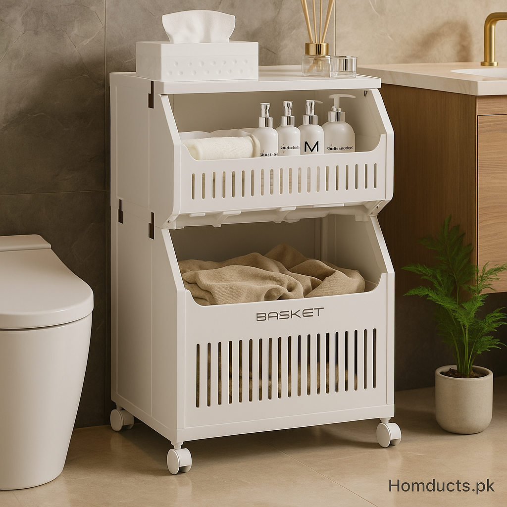 Premium 2-Tier Multipurpose Storage Basket with Wheels – Bathroom & Laundry Organizer