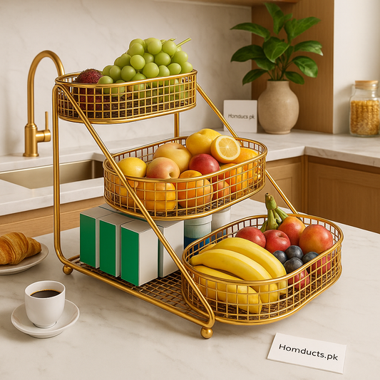 3-Tier Gold Metal Fruit Basket Stand – Luxury Kitchen & Countertop Storage Organizer