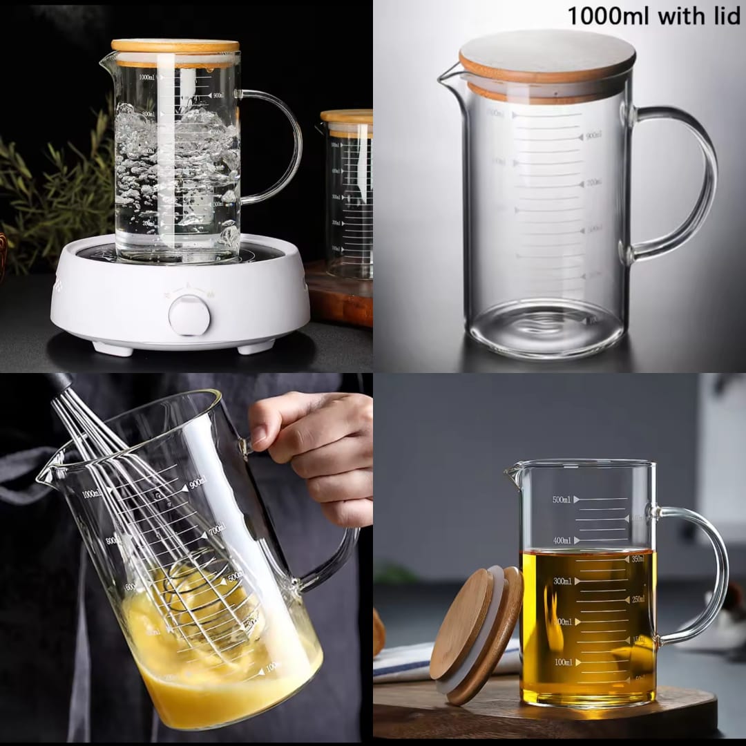 Heat Resistant Borosilicate Glass Measuring Jug with Wooden Lid – 1000ml BBQ