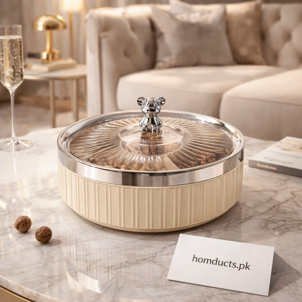 Luxury Round Dry Fruit & Snack Storage Box with Crystal Lid – Premium Tabletop Organizer