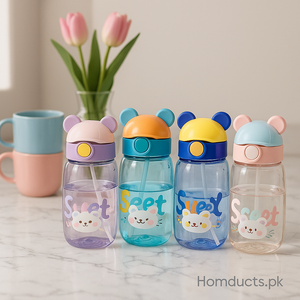 Cute Bear Kids Water Bottle – 1 Pc (Random Color, Leak-Proof Straw Bottle)