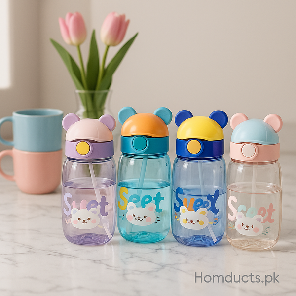 Cute Bear Kids Water Bottle – 1 Pc (Random Color, Leak-Proof Straw Bottle)