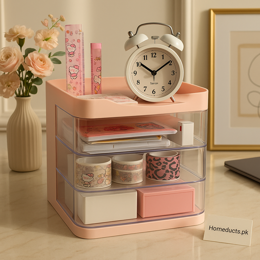 Premium Pastel Pink 3-Tier Drawer Organizer – Desk & Makeup Storage Box