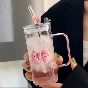 Square Glass Tumbler with Double  Bows & Straw – Elegant Drinkware (High Quality)