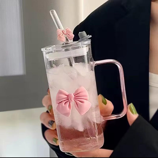 Square Glass Tumbler with Double  Bows & Straw – Elegant Drinkware