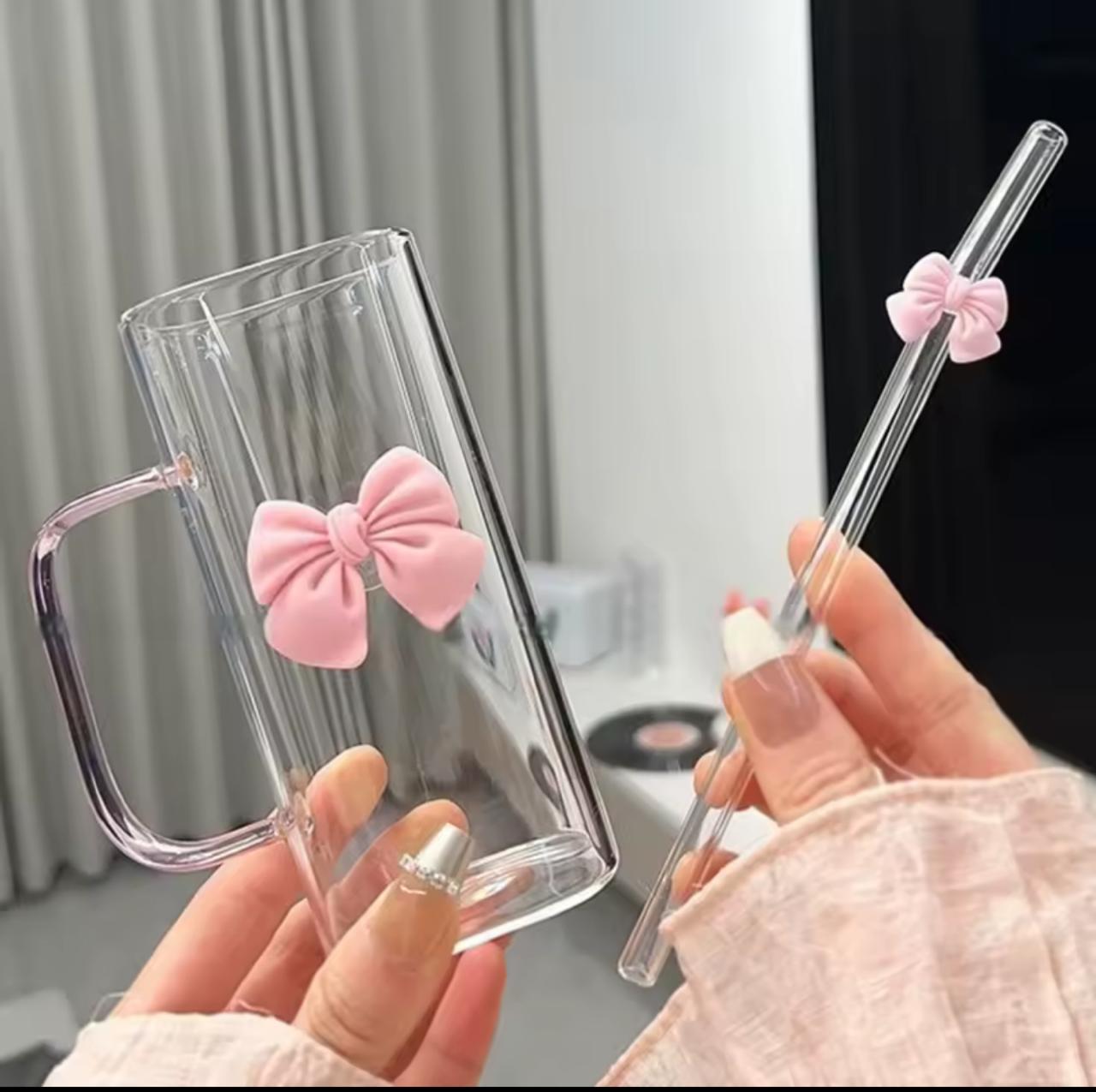 Square Glass Tumbler with Double  Bows & Straw – Elegant Drinkware