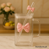 Square Glass Tumbler with Double  Bows & Straw – Elegant Drinkware