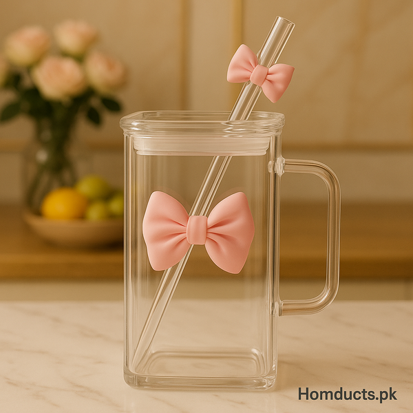 Square Glass Tumbler with Double  Bows & Straw – Elegant Drinkware