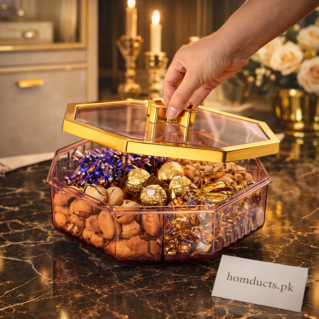 Luxury Octagonal Dry Fruit & Candy Organizer with Golden Lid – Multi-Compartment Storage Box
