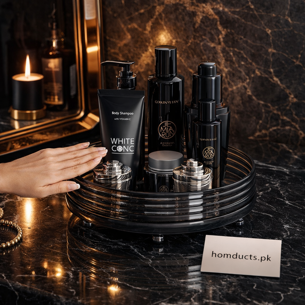 Luxury 360° Rotating Transparent Organizer Tray – Black (Premium Vanity & Countertop Storage)