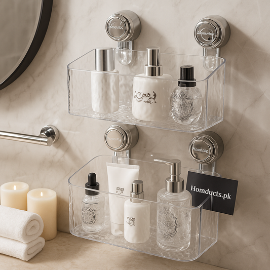 Premium Transparent Wall-Mounted Bathroom Organizer – Double Layer Suction Shelf