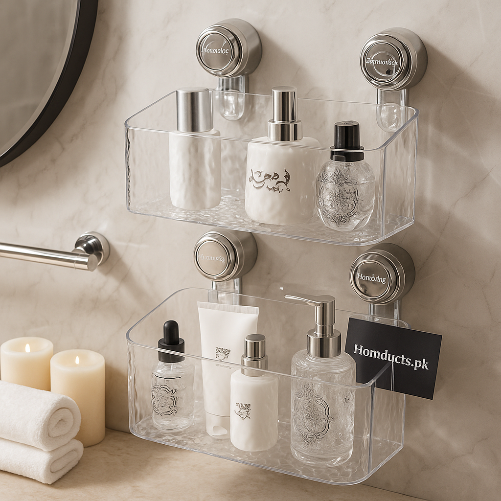 Premium Transparent Wall-Mounted Bathroom Organizer – Double Layer Suction Shelf