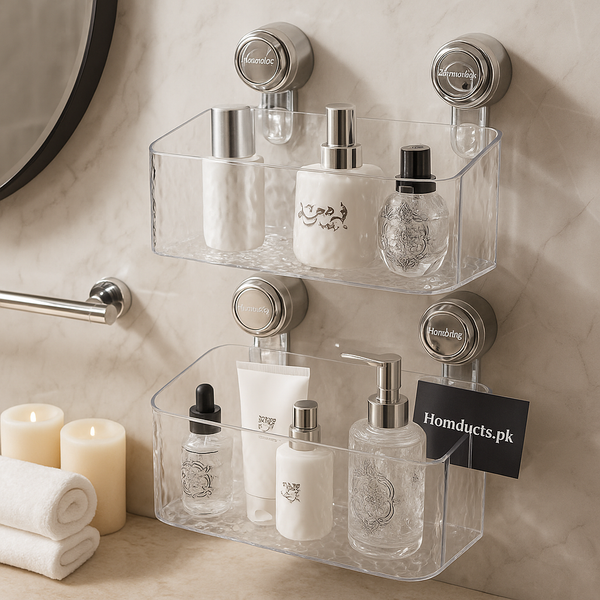Premium Transparent Wall-Mounted Bathroom Organizer – Double Layer Suction Shelf