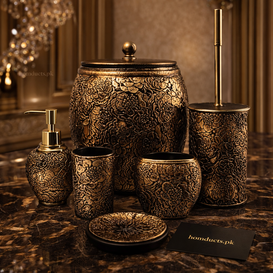 Luxury Embossed Bathroom Accessories Set – Antique Gold Finish (6-Piece Set)