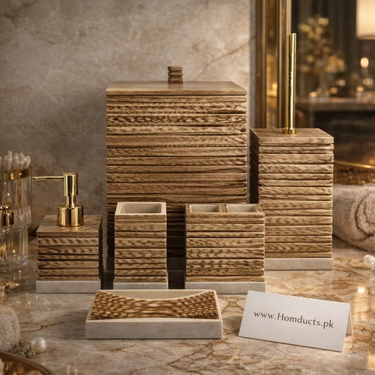 Luxury Bathroom Accessories Organizer Set with Gold Accents – 6 Pieces