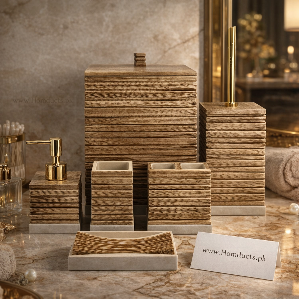 Luxury Bathroom Accessories Organizer Set with Gold Accents – 6 Pieces