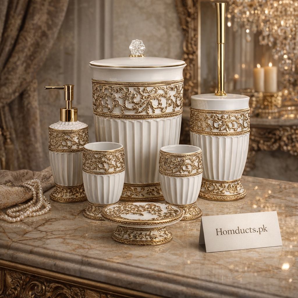 Luxury Gold-Trim Ceramic Bathroom Accessories Set – 6 Pieces | Premium Bathroom Organizer