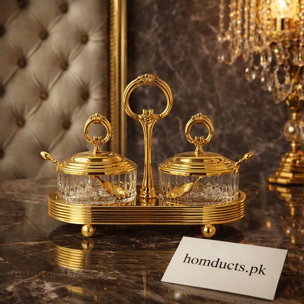 Luxury Crystal Double Condiment Jar Set with Gold Stand – Elegant Tabletop Serving Set (2 Jars)