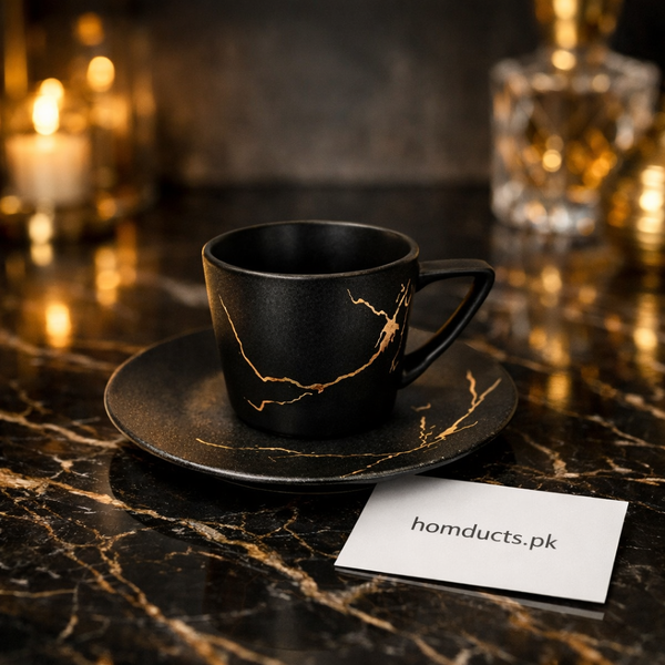 Luxury Black Marble Coffee Cup Set – 6 Cups with Matching Saucers