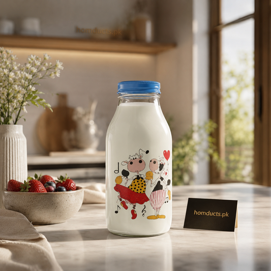 Ziba Premium Cute Cow Print Glass Milk Bottle with Leakproof Lid – Aesthetic Reusable Beverage Bottle for Milk, Juice & Cold Drinks – 1 Pc