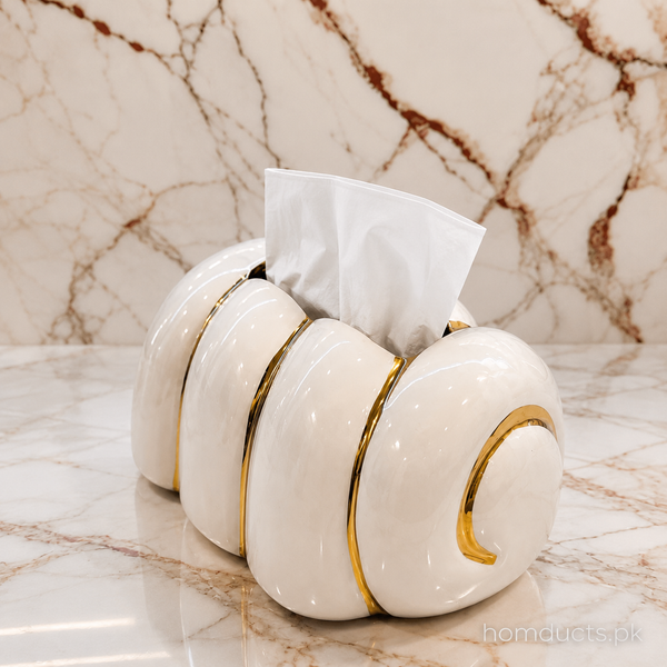 Luxury Ceramic Tissue Box Holder with Gold Accents – Modern Decorative Tissue Cover (1 Pc)