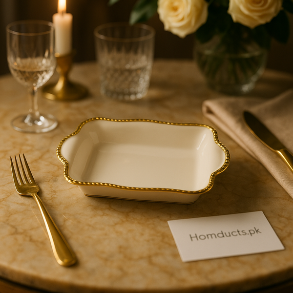 Luxury Rectangular Ceramic Serving Dish with Gold Trim – Elegant Dinnerware