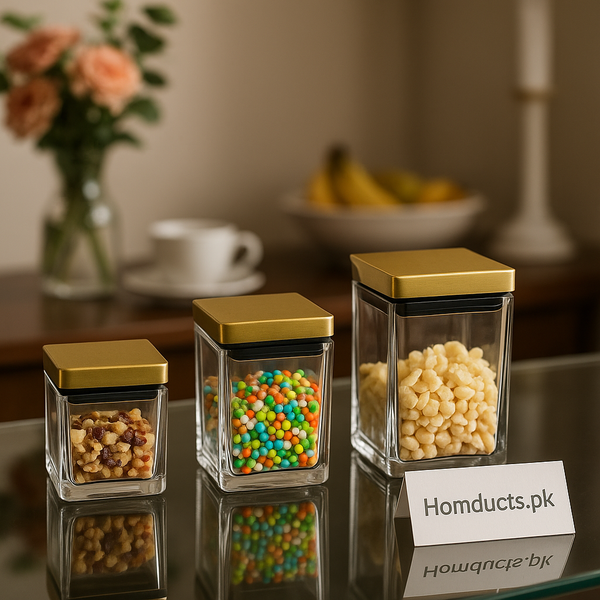 Luxury Square Glass Storage Jar Set with Golden Lid – 3 Pcs
