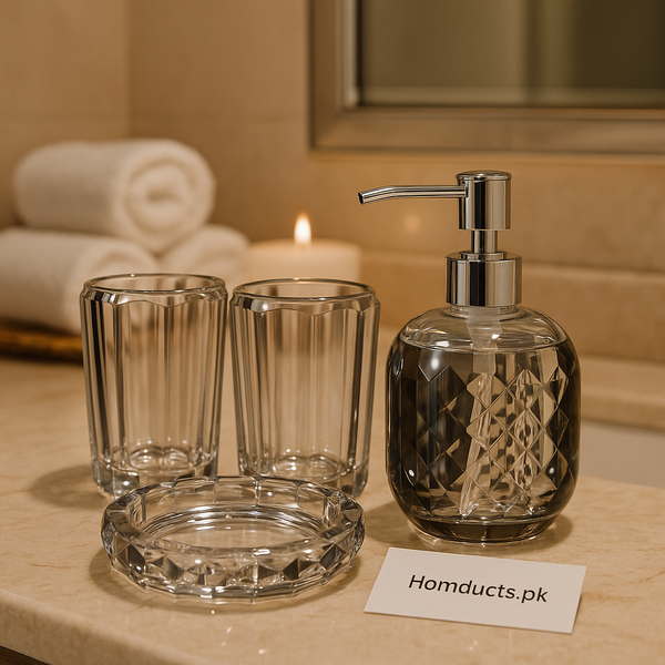 Luxury Crystal Bathroom Accessories Set – 4 Piece Soap Dispenser, Tumblers & Tray