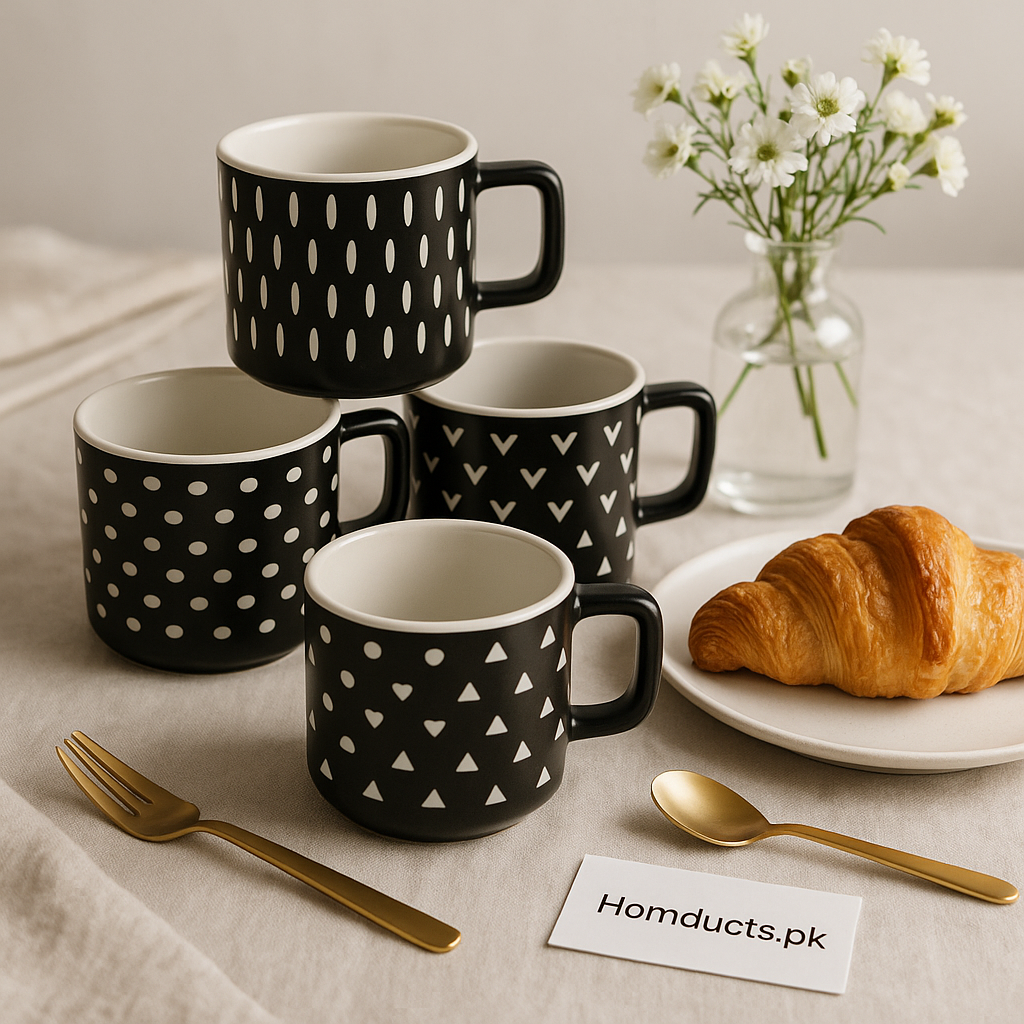 Luxury Black & White Ceramic Mug – Random Design (1 Piece)